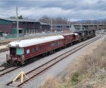 A rear 3/4 view of the NS research and test train